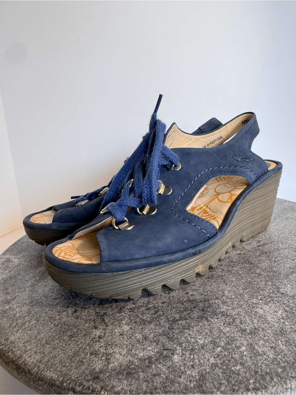 Fly London Ylva Blue Suede Leather Wedge Heels Sandals Lace Up 38